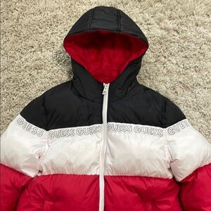 GUESS Red, White & Black Color Block Puffer Jacket with Hood
